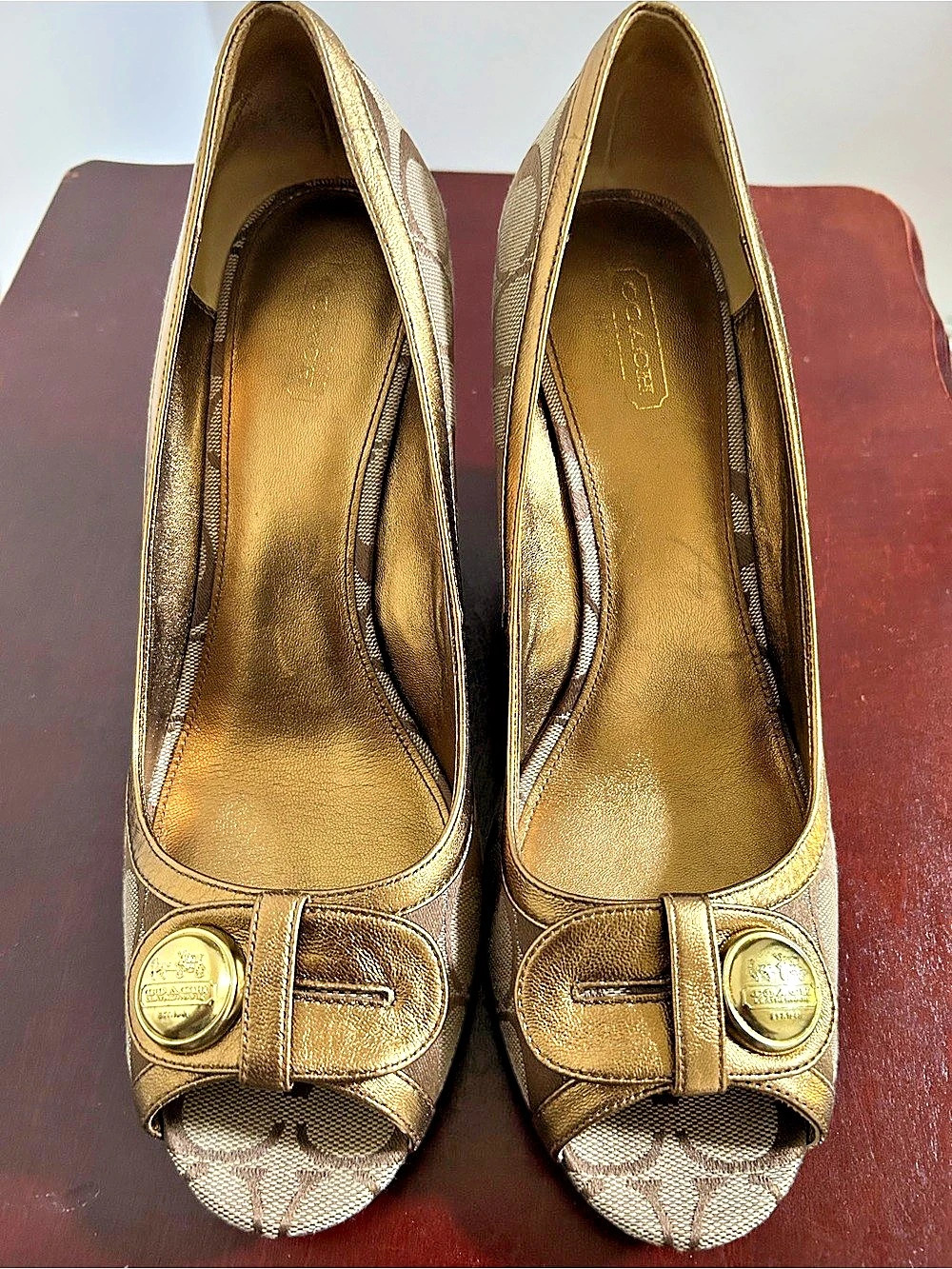 Coach Wedge Patterned Heels Brown & Gold US 10